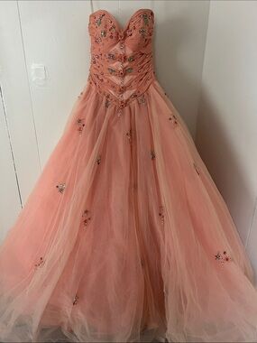 Terani Coral-Peach Strapless Beaded Ball Gown